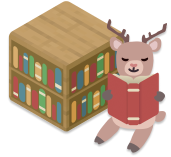 A deer reading a book by a bookshelf